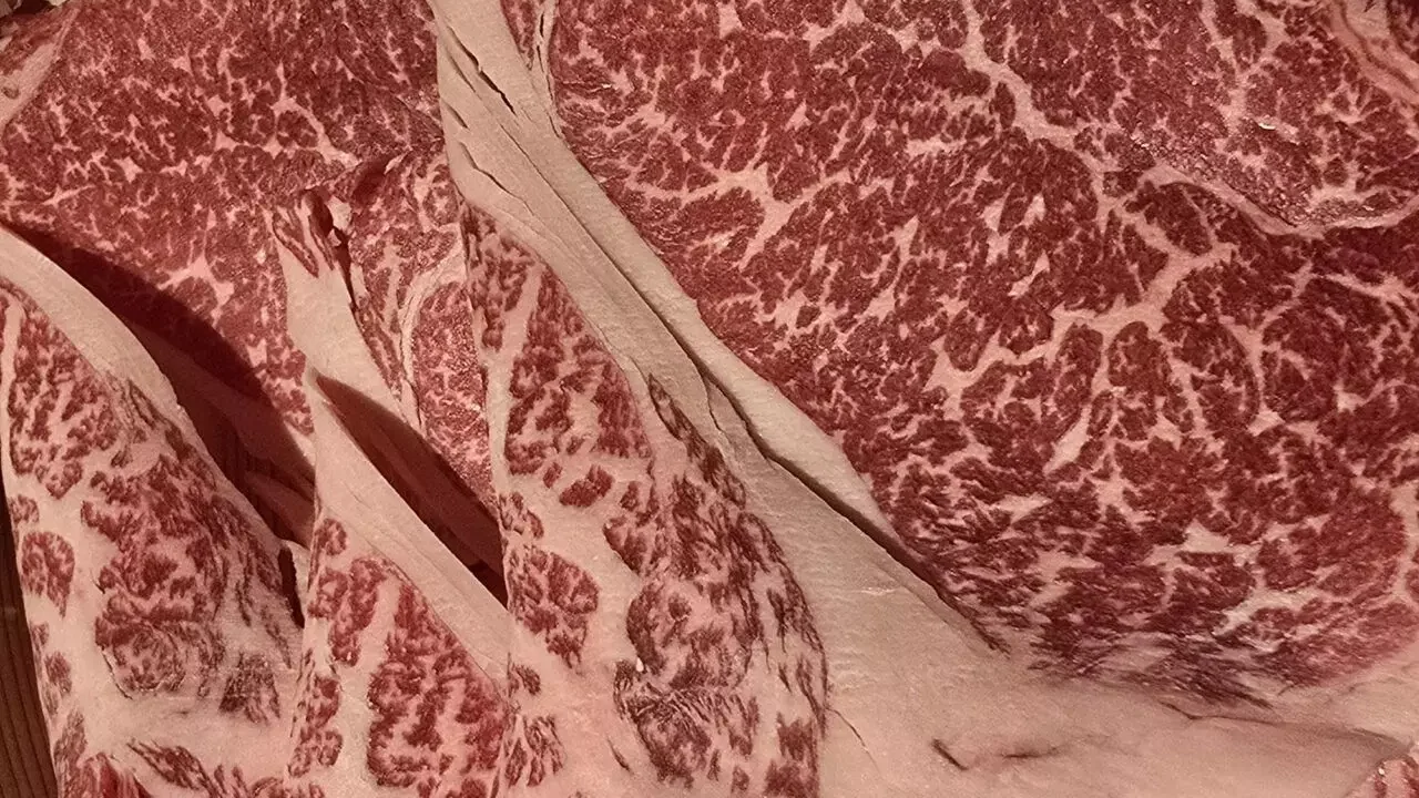Carne wagyu japonesa com alto marmoreio, conhecida pela textura macia e sabor intenso