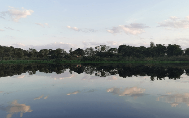 Rio do Pantanal ao entardecer com mata ciliar e céu nublado refletidos na água calma.